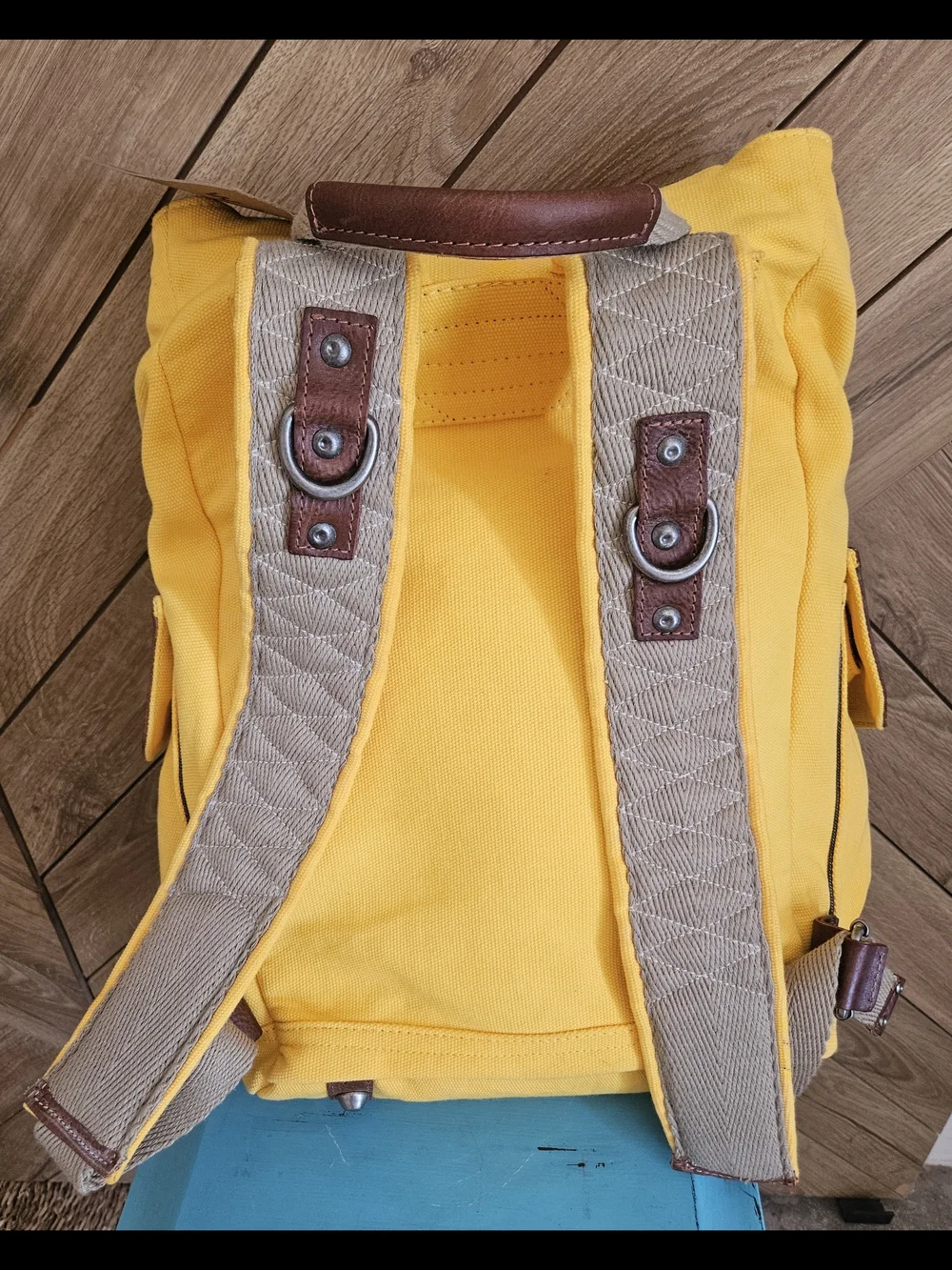 Will Leather Goods Yellow Canvas and Brown Leather Backpack NEW